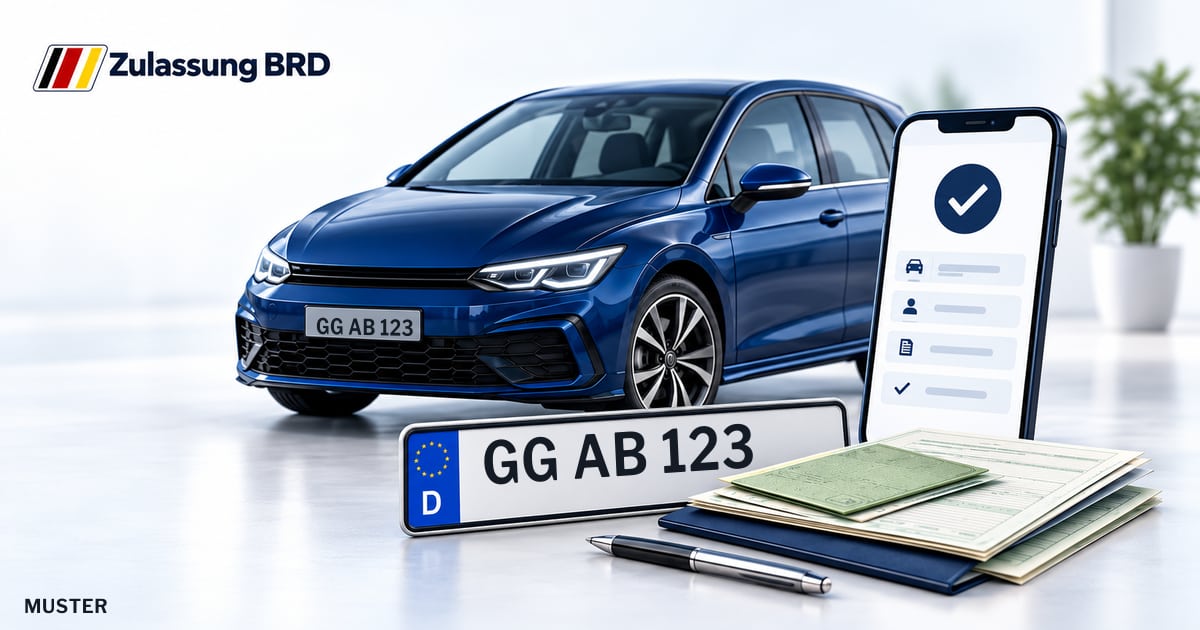 Online Fahrzeugzulassung in Trebur: Musterkennzeichen GG AB 123, Auto und Fahrzeugpapiere und Smartphone. Illustration mit Logo von Zulassung BRD.